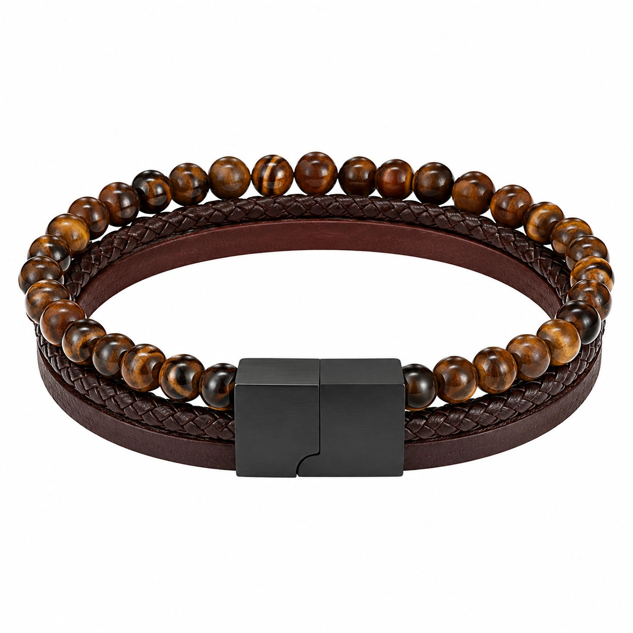 Bracciale Uomo con Perline Occhio di Tigre e Pelle Marrone