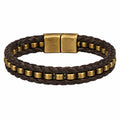 Bracciale Intrecciato in Pelle Marrone con Dettagli in Ottone Antico - 21 cm