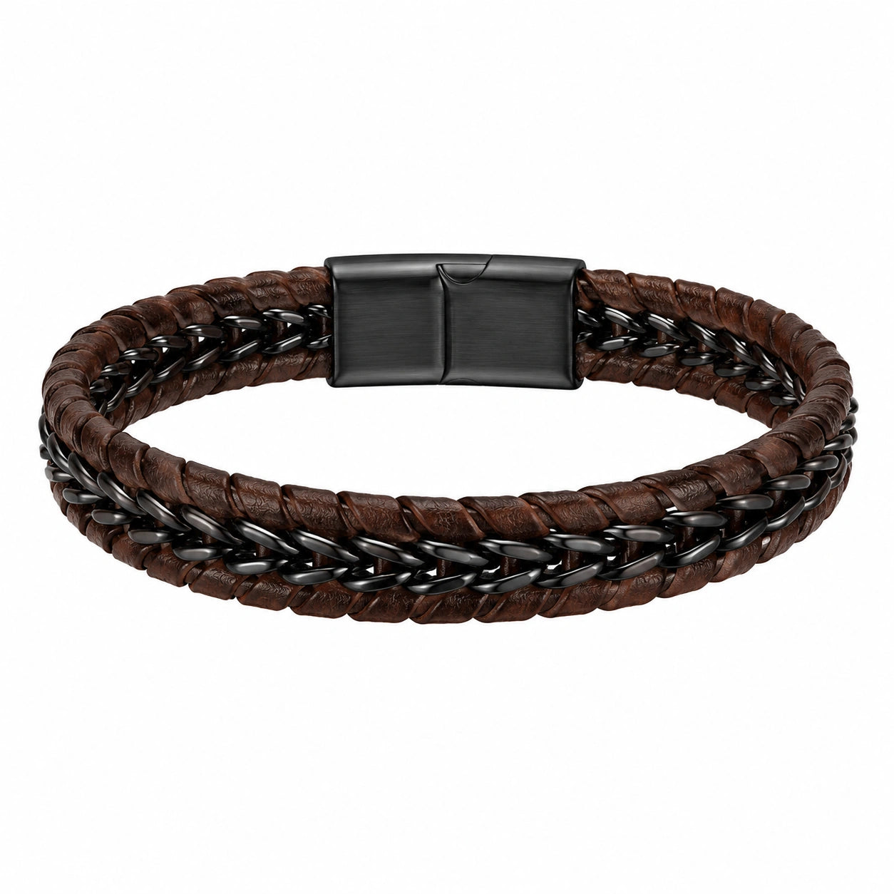 Bracciale da Uomo in Pelle Marrone Intrecciata con Catena Nera