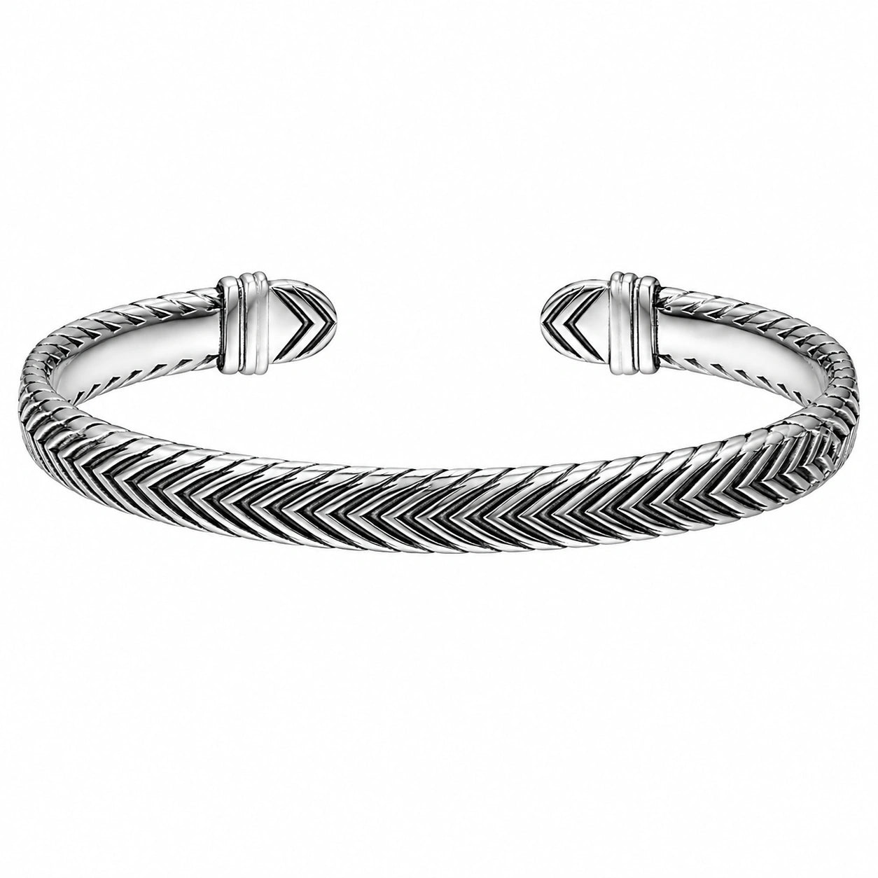 Bracciale aperto regolabile in argento, motivo a spina di pesce