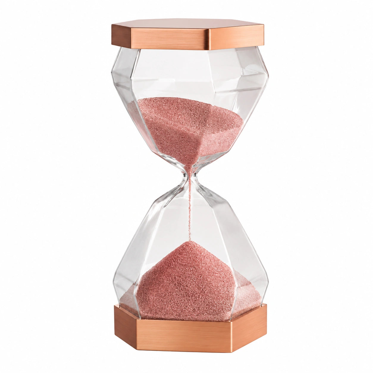 Clessidra Decorativa in Vetro Trasparente e Base in Rame, Sabbia Rosa
