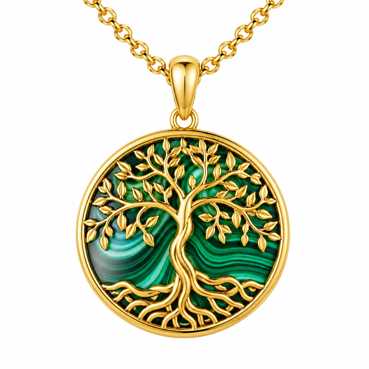 Collana con Pendente Albero della Vita Placcato Oro con Pietra Verde